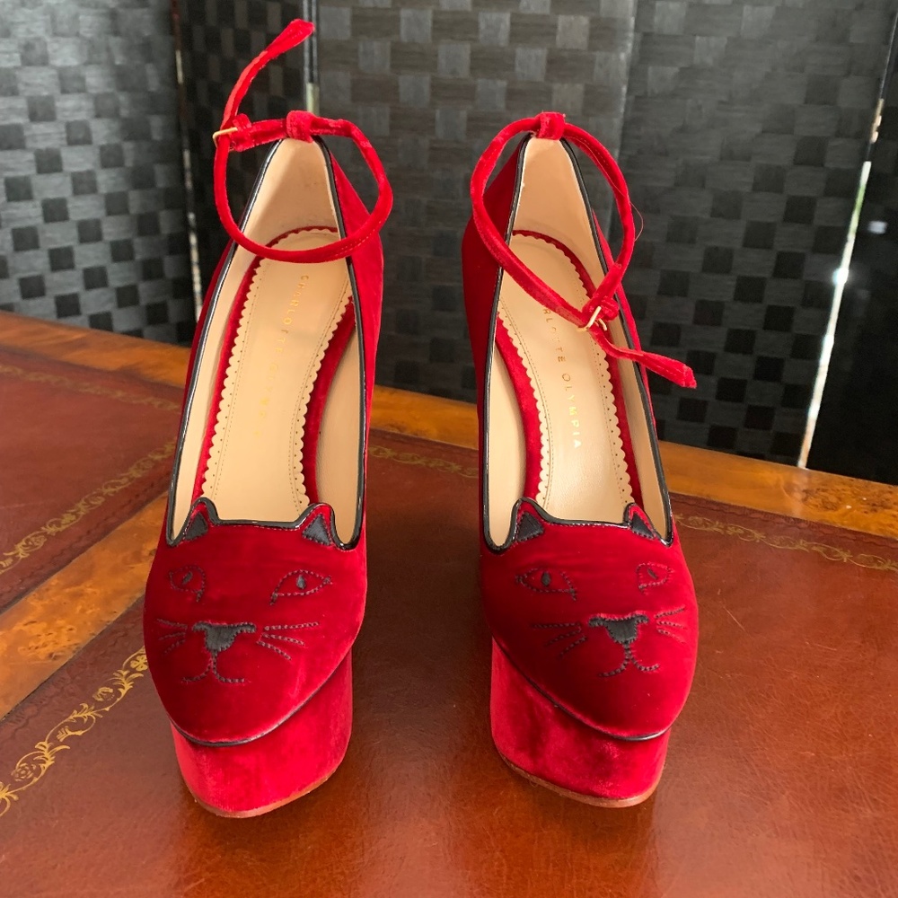 Charlotte Olympia Tessa Red Velvet Platform Kitty Shoes, size 39